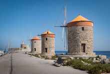 Windmills Of Mandraki, Rhodes Island, Greece.