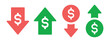 © Icons-Studio - Dollar with arrow up and down symbol of expensive and cheap price icon.