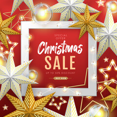 Wall Mural - Winter sale poster with christmas holiday decorations. Christmas and New Year background. Vector illustration