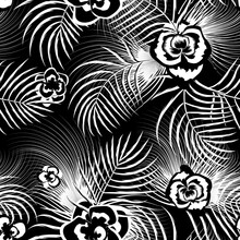 Vintage Abstract Tropical Seamless Pattern With Black White Palm Leaves And Flowers Plants Foliage On Night Background. Floral Background. Exotic Wallpaper. Trendy Summer Hawaii Print. Natural Decor