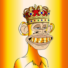Golden Bored Ape King With Gold Teeth And Red Crown NFT Artwork. Flat Hand Drawn Vector Illustration