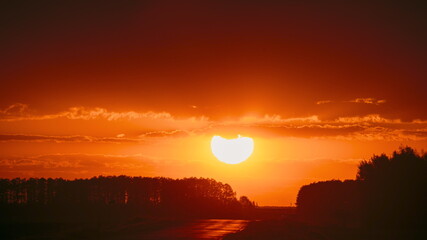 Wall Mural - 4K Big Sun in Vivid Beautiful Sunset Sunshine Above Summer Landscape Counrty Road And Forest. Sunset Sunlight. Forest shadow, silhouette Landscape. Country Road