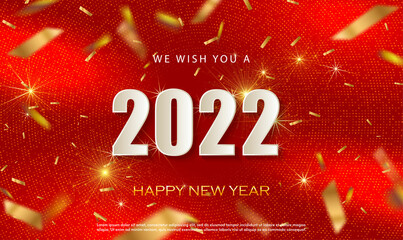Poster - 2022 Happy New Year vector holiday elegant design on red background with gold glitter confetti and fireworks. Shiny New Year party background. White Numeral 2022 with fireworks and confetti. Vector
