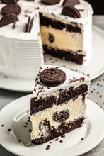 Creamy Cheesecake With Chocolate Cookies And Cream Biscuits. Vertical Image. Top View. Place For Text