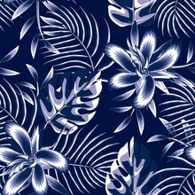 Fashionable Prints Texture Vector Design With Blue Monochromatic Tropical Hibiscus Flowers And Monstera Palm Leaves Seamless Pattern On Night Background. Floral Background. Exotic Summer Design. Art