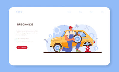 Wall Mural - Car tire service web banner or landing page. Worker changing a tire