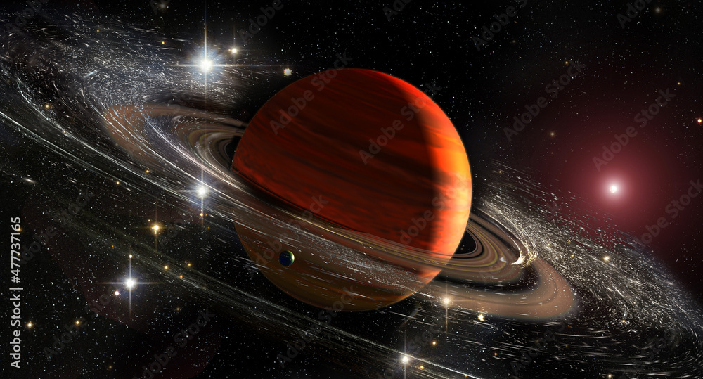 Foto de Stock Saturn planet with rings in outer space among star dust ...