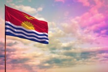 Fluttering Kiribati Flag Mockup With The Space For Your Content On Colorful Cloudy Sky Background.
