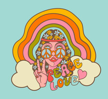 Hippie Girl In Round Sunglasses With A Rainbow And A Symbol Of Peace, Vector Illustration In The Style Of The 70s