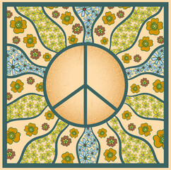 Wall Mural - peace symbol with flowers, retro vector illustration in 70s style