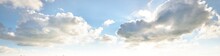 Clear Blue Sky After The Storm. Soft Sunlight. Panoramic Image, Texture, Background, Graphic Resources, Design, Copy Space. Meteorology, Heaven, Hope, Peace Concept