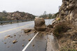 Rain storm landlide blocking traffic lane on Santa Susana Pass Road in the Chatsworth area of Los Angeles, California.  