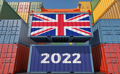 Trading 2022. Freight container with United Kingdom national flag. 3D Rendering 