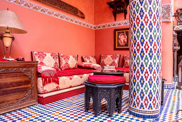 Fes, Morocco. October 10, 2021. Traditional Moroccan style living room of house with oriental furniture