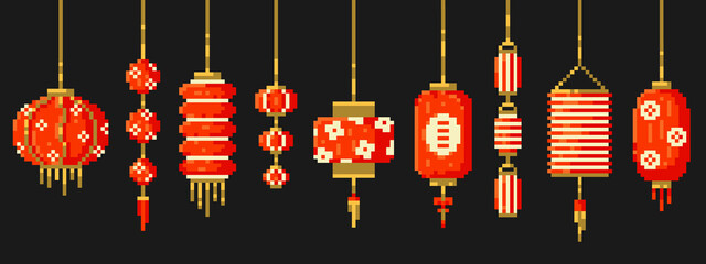 Wall Mural - Pixel art Chinese decorative paper lanterns ornaments set. Vector 8 bit style collection of traditional festive chinese lanterns decorations. Isolated elements of retro game computer graphic.	