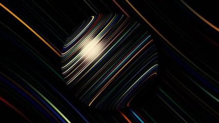 Poster - 3D ball with multicolored stripes. Motion. Ball with shimmering stripes repeating on background. Striped ball with glare on background of shimmering lines