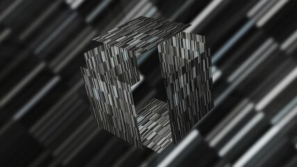 Poster - Futuristic black and white cube. Motion. Shimmering striped cube in cyberspace. Mysterious 3D cube is revealed in virtual space