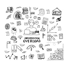  Information overload concept. Set of hand drawn icons