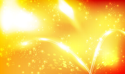 Poster - Gold glitter sparkle defocused rays lights bokeh abstract sparkling tecnology background. Gold glitter on a soft red background. Abstract orange space spark template. Vector illustration EPS10.