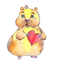 Cute Hamster Holding Red Heart As  Symbol Of Love And Romantic Affection. Valentine's Day Card Design, Hand Drawn Illustration Of Hamster 