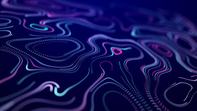 Abstract digital background from rounded colored lines. Information flow space. Big data visualization. 3D rendering.