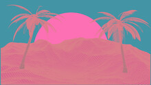 Vaporwave Retro Style 3D Landscape With Laser Grid, Row Of Palm Trees And Sun. Vector Illustration.