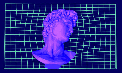 Retrofuturistic style 3D illustration of a low poly bust sculpture. Vaporwave computer art aesthetics.