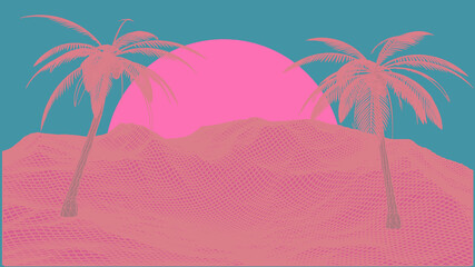 Aufkleber - Vaporwave retro style 3D landscape with laser grid, row of palm trees and sun. Vector illustration.