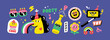© littleWhale - Set of  birthday party funny and cute characters design. Stickers and patches vector illustration.
