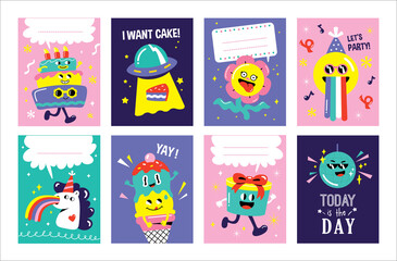 Wall Mural - Set of birthday greeting card/ gift tag with party funny and cute characters design. 
