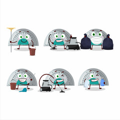 Wall Mural - Cleaning service white arc ruler cute cartoon character using mop