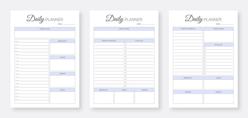 Wall Mural - Daily planner pages design collection set, Minimalist planner pages templates, 3 Set of minimalist daily planners, Daily planner bundle set.