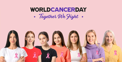 Wall Mural - Group of women with pink ribbons on color background. World Cancer Day