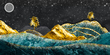 3d Modern Art Mural Wallpaper, Night Landscape With Dark Turquoise Mountains, Dark Black Background With Stars And Moon, Golden Trees, And Gold Waves.