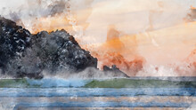 Digital Watercolour Painting Of Absolutely Stunning Landscape Images Of Holywell Bay Beach In Cornwall UK During Golden Hojur Sunset In Spring