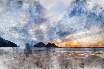 Wall Mural - digital watercolour painting of absolutely stunning landscape images of holywell bay beach in cornwa