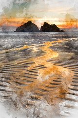 Canvas Print - Digital watercolour painting of Absolutely beautiful landscape images of Holywell Bay beach in Cornwall UK during golden hojur sunset in Spring