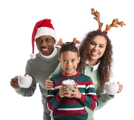 Poster - African-American family with Christmas decor and tasty hot chocolate on white background