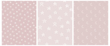 Funny Starry Vector Patterns. Irregular Hand Drawn Simple Night Sky Print For Fabric, Textile, Wrapping Paper. Infantile Style Design With Little Stars And Moons Isolated On A Pastel Pink Background.