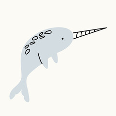 Wall Mural - Illustration of a narwhal on an isolated background. Dusty pastel colors. Modern flat style