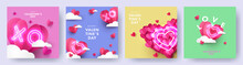 Romantic Creative Set Of Happy Valentine's Day Cards. Realistic 3d Origami Paper Hearts Over Clouds. Heart Shaped And XO Neon Symbols. Festive Banner, Sale Poster, Social Media Or Promo Templates.