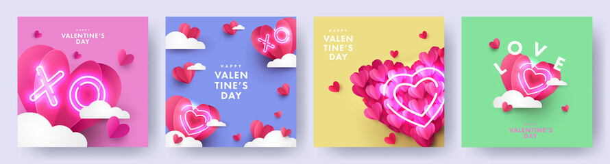 Wall Mural - Romantic creative set of Happy Valentine's Day cards. Realistic 3d origami paper hearts over clouds. Heart shaped and XO neon symbols. Festive banner, sale poster, social media or promo templates.