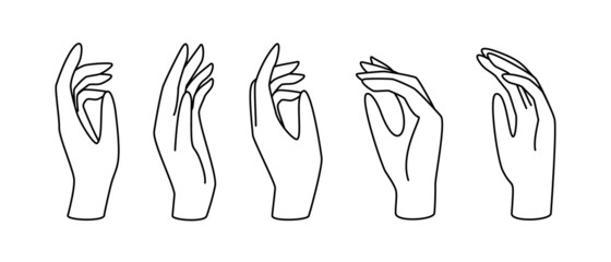 Hand gesture linear vector illustration. Thin female hand as a symbol of blessing, mercy, farewell, prayer and gratitude