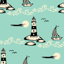 Seamless Vector Pattern With Lighthouse And Boat On Light Blue Background. Simple Summer Sea Wallpaper Design. Decorative Nautical Fashion Textile.