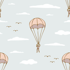  Seamless vector pattern with hand drawn parachute jump on light grey background. Simple extreme sport wallpaper design. Decorative cartoon fashion textile.