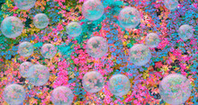 Many Large Bubbles Floating Up To The Sky. Colorful Autumn Leaves Are Visible In The Background