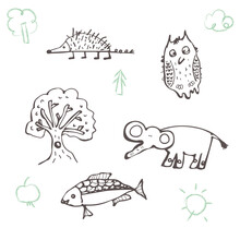 Child's Drawing Animal, Tree, Fish, Elephant, Owl, Hedgehog. Creative Childish Texture In Handmade Style.