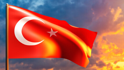 Wall Mural - Turkey flag in sky. Flagpole with banner of Republic of Turkey. National flag with white crescent on red background. Symbol of Independence of Turkish Republic. State Banner of Turkey and Ankara.