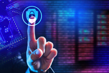 Poster - Cyber security on network. Hand presses padlock icon. Internet technologies for data protection. Business IT infrastructure protection concept. Network protection. Multicolored server binary