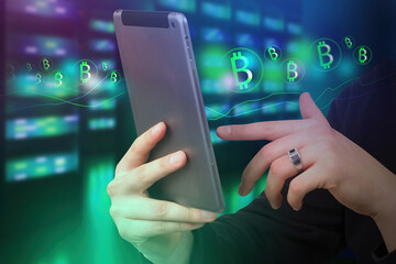 Poster - Bitcoin trayding. Buying and selling Bitcoin via smartphone. Cryptocurrency icons near phone in hands. Concept - exchange of cryptocurrencies through applications. Buying Bitcoin in smartphone